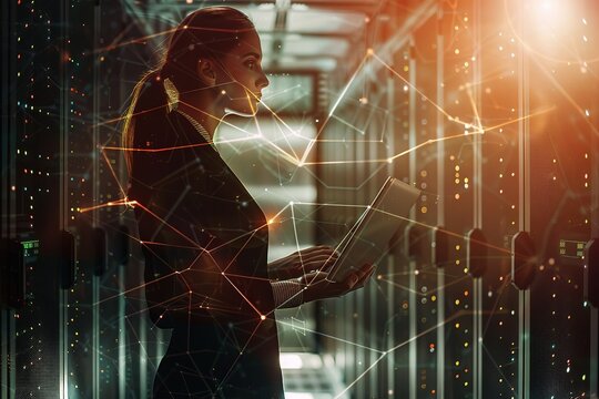 A woman in business attire holding an open laptop, standing next to a server rack with digital data