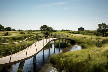 Fototapeta premium Wooden bridge over a river in the misty morning at sunrise