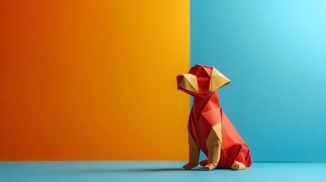Geometric Origami Puppy Figure on Vibrant Colored Background