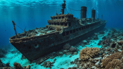 Sunken Shipwreck Overgrown with Coral