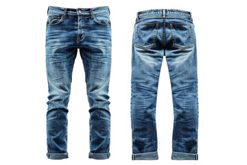 A front and back view of a pair of blue jeans on a white background, showcasing their design, fit, and style, ideal for fashion presentations and casual wear promotions.