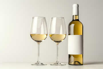 A bottle of white wine and two filled glasses set against a white background, ideal for celebrating special occasions, romantic dinners, or casual gatherings with friends.