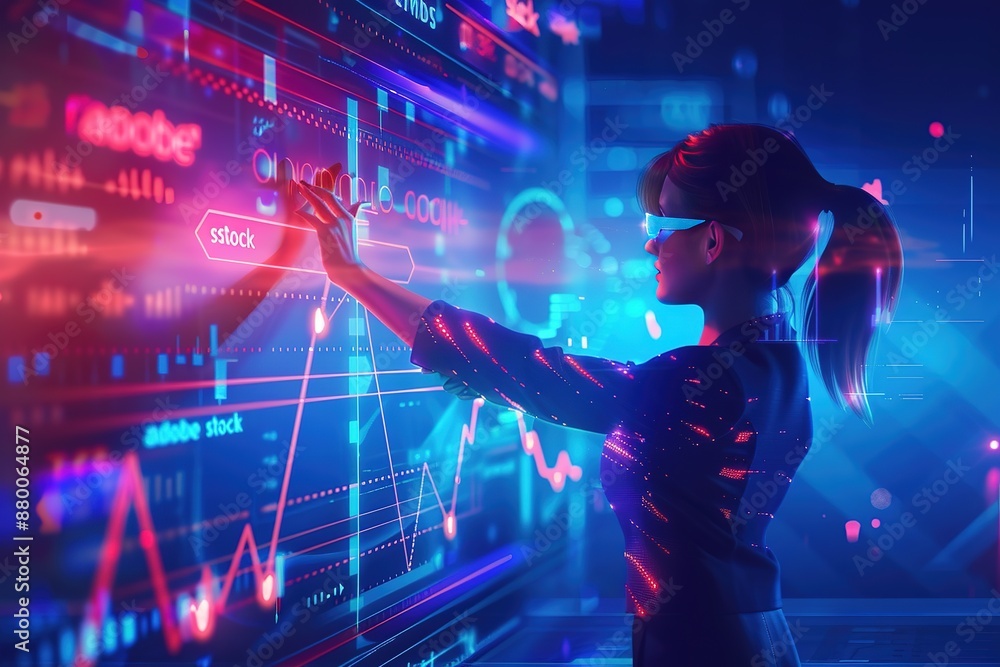 Poster a woman is using a computer screen that has a lot of numbers and graphs on it