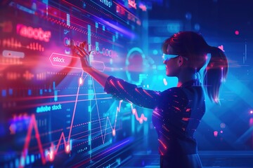 A woman is using a computer screen that has a lot of numbers and graphs on it