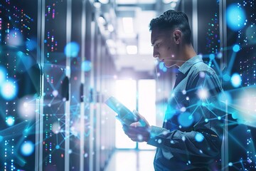 Businessman holding tablet with digital data and graphics on white background,