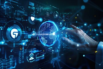 Digital health technology with icons of medical symbols, Earth and globe on a dark blue background