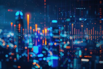 digital stock market graph on a blue background with a blurred cityscape in foreground,