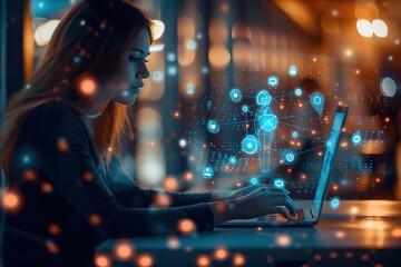 Digital technology concept, a business woman using a laptop with social network