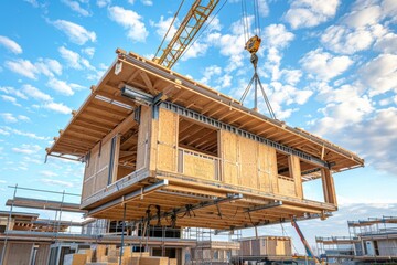 Wooden building module raised by crane