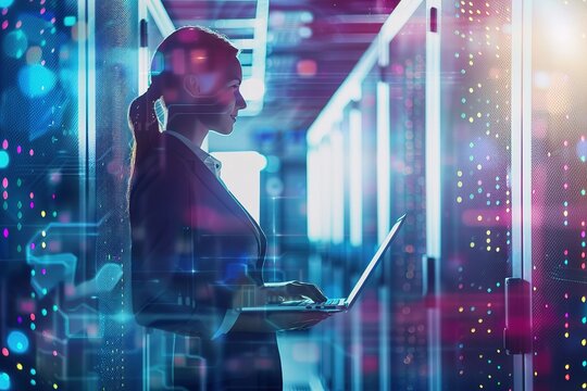 Double exposure of a woman holding a laptop with a data center server room background