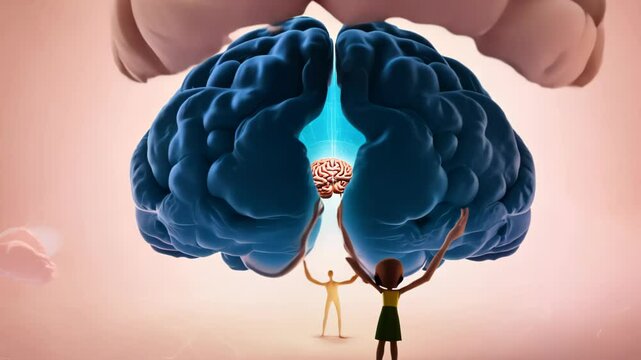 Giant brain floats above tiny figure. Strings connect brain to figure, suggesting mind-body link. Brain opens like door, revealing intricate inner workings. 