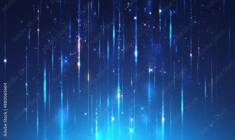 Poster blue background with vertical lines of light and particles, with glowing lights and glowing effects,