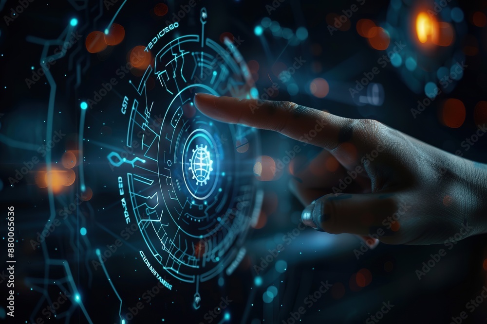 Poster hand touching virtual security shield with data protection icons on dark background