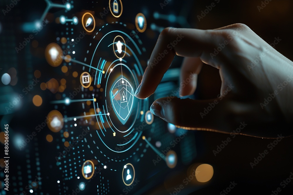 Poster hand touching virtual security shield with data protection icons on dark background,