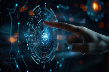 Hand touching virtual security shield with data protection icons on dark background