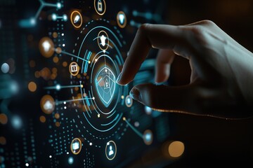 Hand touching virtual security shield with data protection icons on dark background,