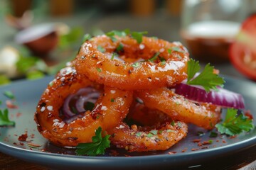 Red onion rings marinated on a plate