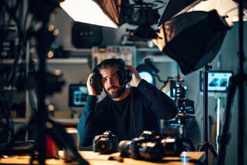 The photographer is in a professional studio, with lighting equipment and photographs, focusing on creative work AIG58