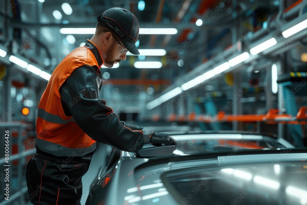 Poster smart industrial worker working and checking mechanic parts at production line in factory by using i