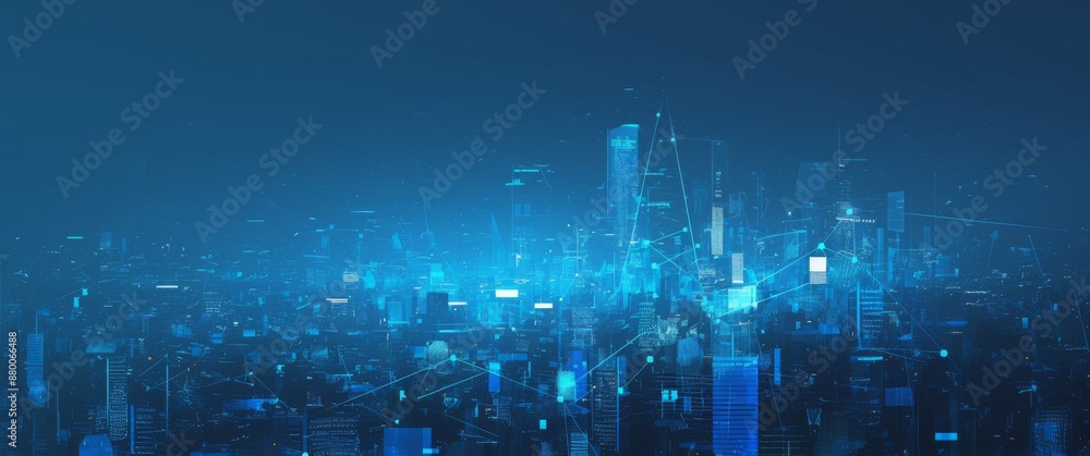 Poster blue technology background with glowing lines and bar charts in the center of an abstract cityscape