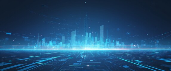 Blue technology background with glowing lines and bar charts in the center of an abstract cityscape