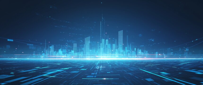 Blue technology background with glowing lines and bar charts in the center of an abstract cityscape