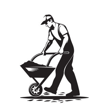black and white worker pushing wheelbarrow clip art preview