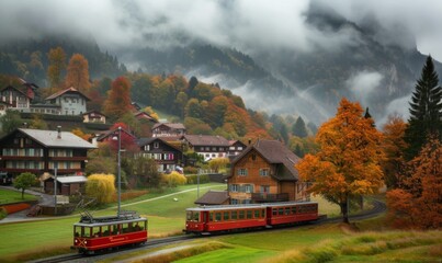 Famous electric red tourist panoramic train in swiss village Lungern, canton of Obwalden, Switzerland