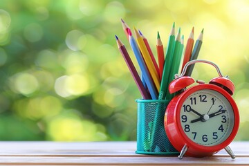 A red alarm clock sits on a wooden table next to a pencil case