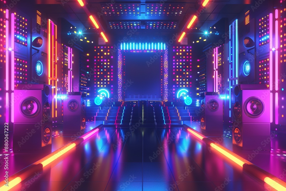 Poster 3d rendering of an illuminated stage with neon lights and speakers, background