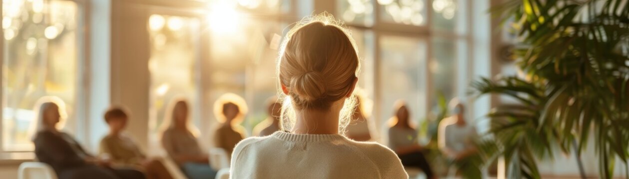 Back view of a woman in a group therapy session, sitting in a sunlit room with blurred people in the background.