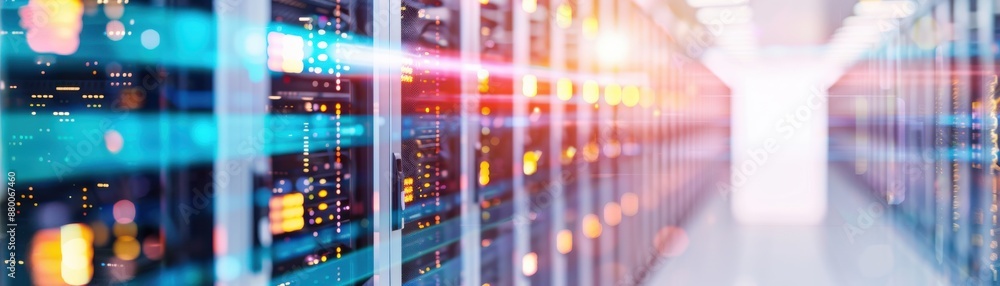 Poster bright lights illuminate a modern data center server room with rows of servers and networking equipm