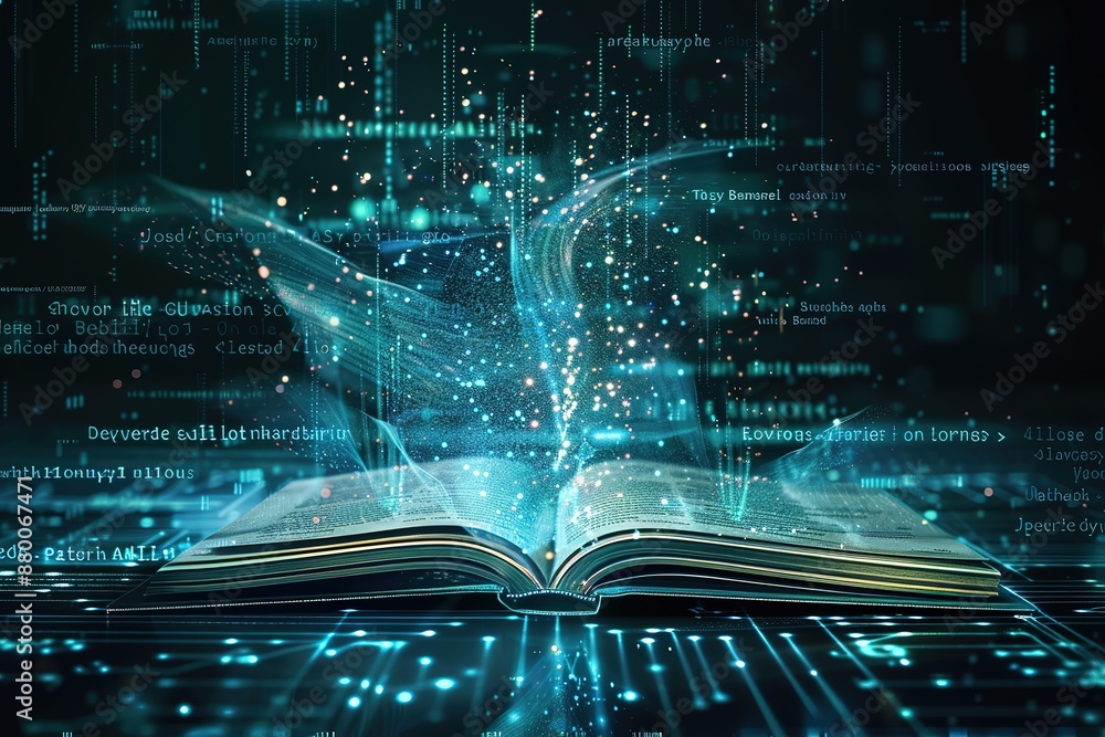 Poster a book is open, with data and information flowing out of it. the background color should be dark