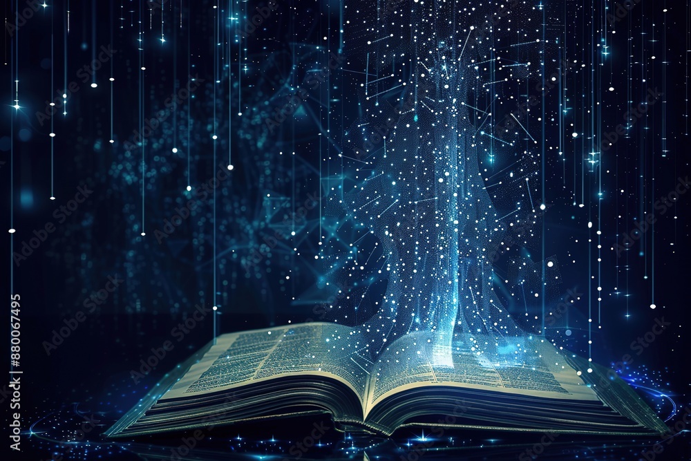 Poster a book is open with glowing digital data flowing out of it, symbolizing the integration celebration