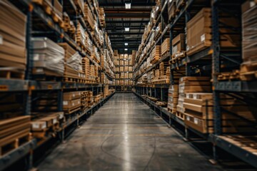 Empty Distribution Warehouse Aisle with Rows of Boxes and Shelves for Business Logistics and Inventory Management Concept