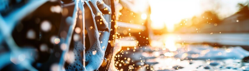 Close-up of a car wheel and water splashes at sunset, creating a dynamic and vibrant scene. Ideal for automotive and transport themes.