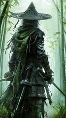 A mysterious figure wearing a wide-brimmed hat and dark clothes stands in a dense bamboo forest, exuding a sense of adventure and enigma.