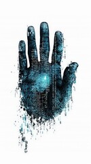 Digital handprint illustration with code fragments, representing cyber security, data protection, and technology interface design concepts.