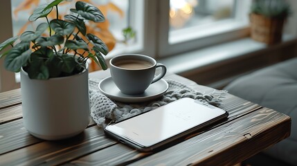 Cozy indoor scene with a cup of coffee, a potted plant, and a smartphone on a wooden table by the window