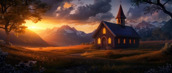Charming Countryside Church at Sunset with Majestic Mountain Backdrop and Dramatic Sky