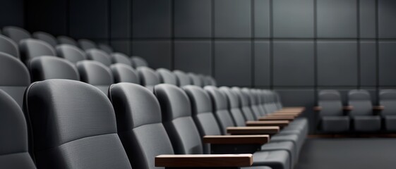 Fototapeta premium Modern Empty Conference Room with Rows of Black Chairs and Wooden Armrests in a Minimalist Setting