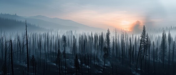 Fototapeta premium Misty Sunrise Over Burnt Forest with Smoky Haze and Mountain Range in the Background