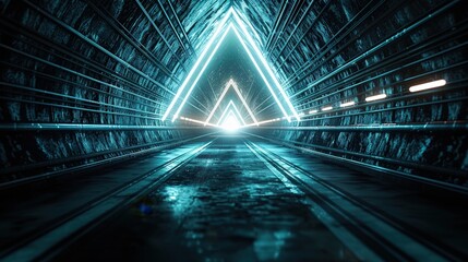 Futuristic glowing neon triangle in a dark tunnel, showcasing modern technology and cyber aesthetics, perfect for sci-fi and tech themes.