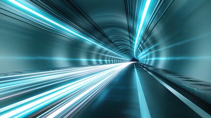 Futuristic tunnel with blue light trails showcasing speed and technology, ideal for conceptual designs or tech-related projects.