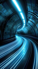 Futuristic tunnel with blue neon lights and dynamic light trails, representing speed, technology, and modern transportation.