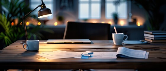 Cozy Home Office with Wooden Desk, Laptop, and Warm Lighting in Evening Ambiance