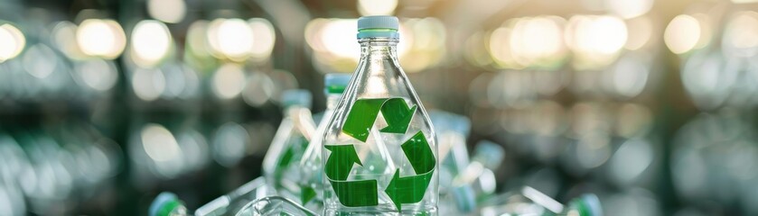 Close-up of a transparent bottle with a recycling symbol, representing eco-friendly practices and sustainability in packaging.