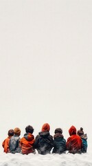 Seven individuals in colorful winter jackets sit on the snow against a blank backdrop, focusing ahead. Winter, unity, and minimalism theme.