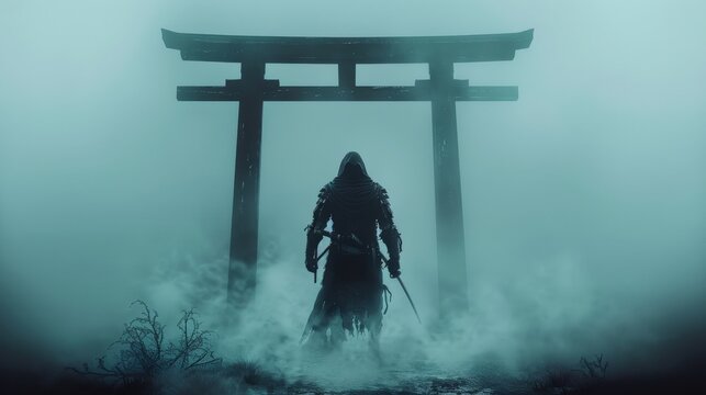 Silhouette of a samurai standing in front of a torii gate, surrounded by mist. Symbol of courage, honor, and ancient traditions.
