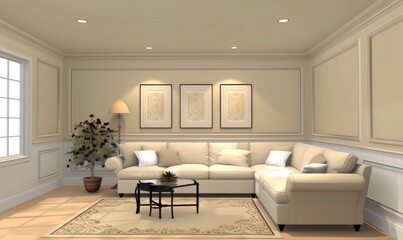 Fototapeta premium modern creative living room interior design backdrop ideas concept house beautiful background elevation of sofa with decorative photo paint frame full wall background